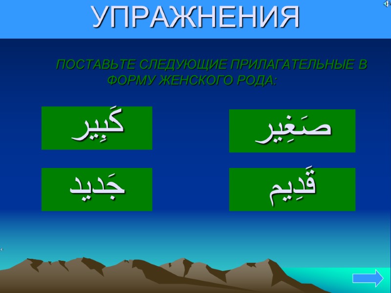 УПРАЖНЕНИЯ  ПОСТАВЬТЕ СЛЕДУЮЩИЕ ПРИЛАГАТЕЛЬНЫЕ В ФОРМУ ЖЕНСКОГО РОДА: كَبِير    